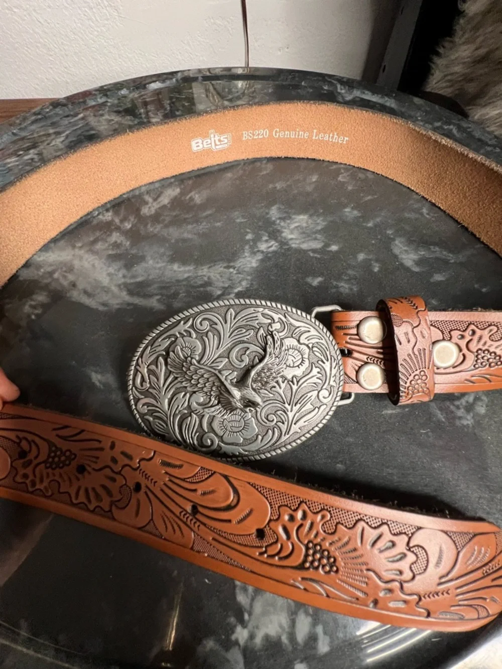 Western Floral Engraved Embossed Tooled Genuine Leather Belt